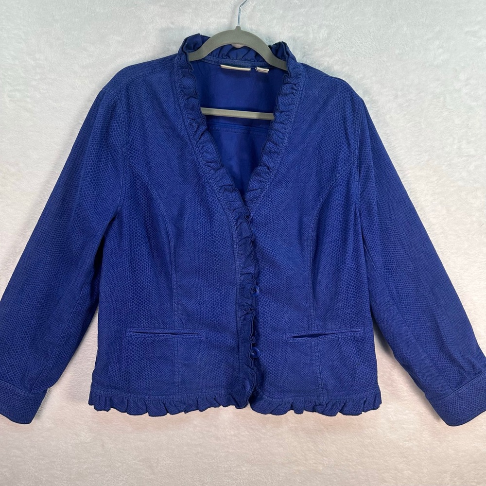 Chico's Jacket Womens L Blue Ruffle Trim Embossed Button Up Stretch